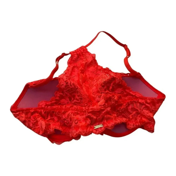 Pink Victorias Secret Bra Neon Orange 34C Floral Lace Front Closure Underwire - Picture 2 of 6